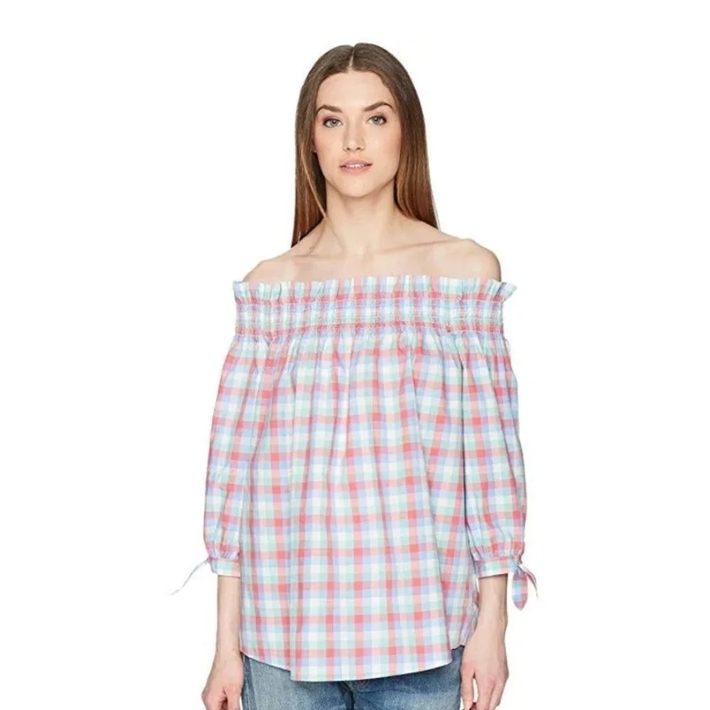 Kate Spade Nwot Madras Plaid Off Shoulder Cotton Top Broome St Size M